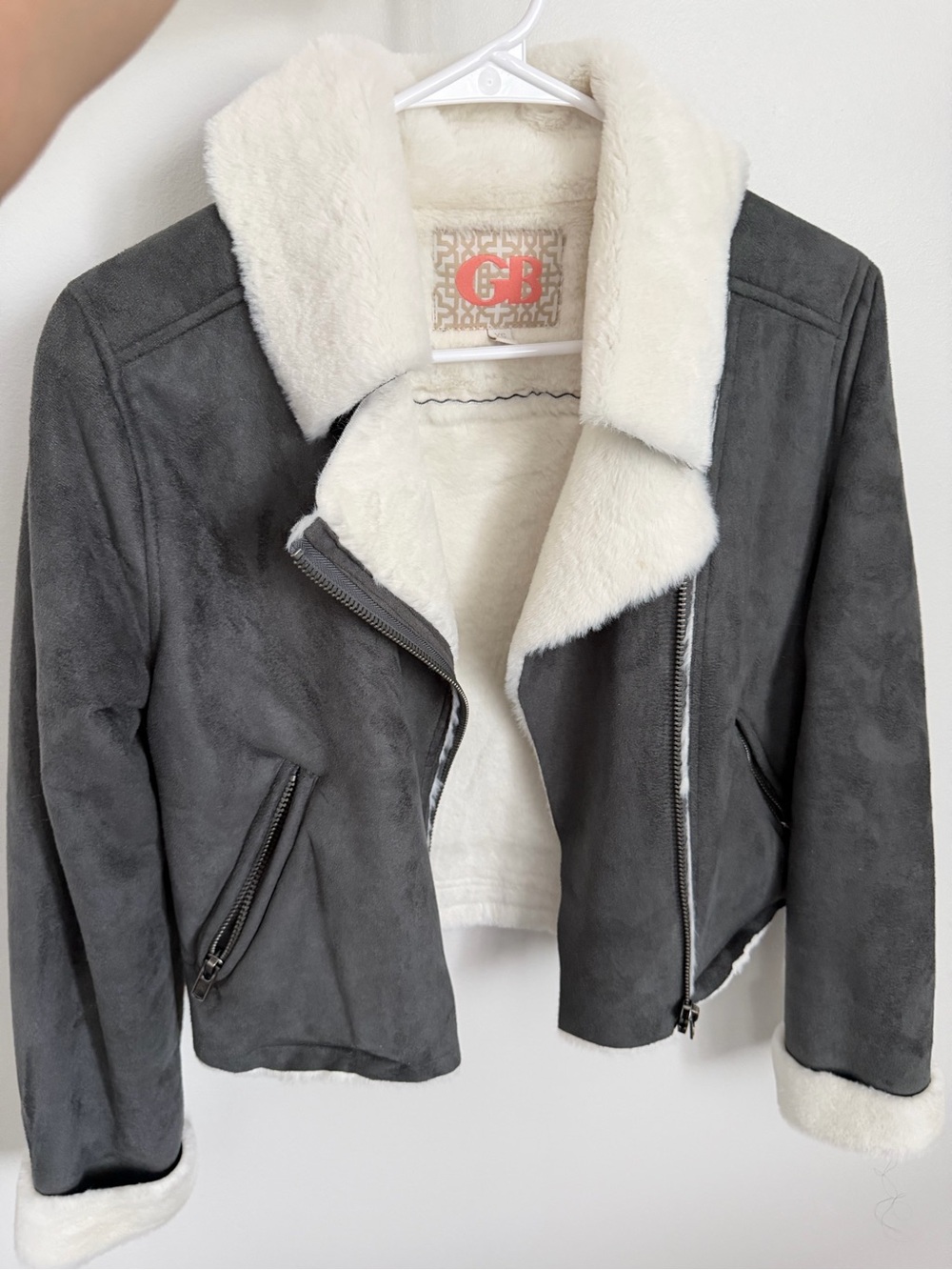 Gianni Bini Dark Gray Suede-Look Faux Shearling Jacket - Cream Trim